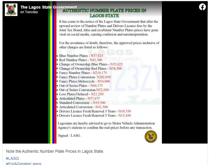 Authentic Number Plate Prices In Lagos